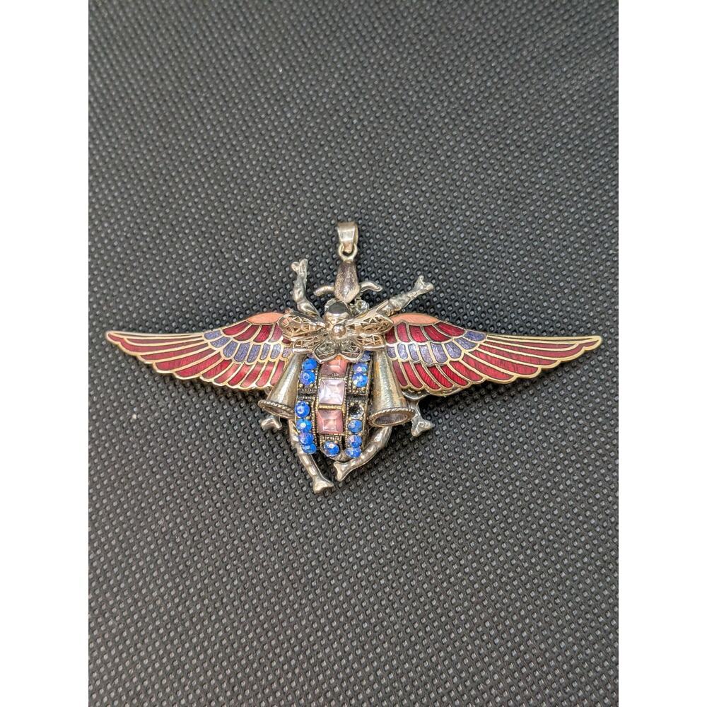 Nata Zhur Egyptian Revival Enamel Old Vintage Winged Scarab Pendant 18KGP